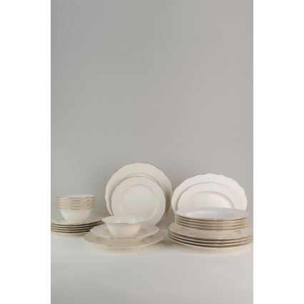Conjunto de jantar 26 peças em porcelana branca/prateada/marfim