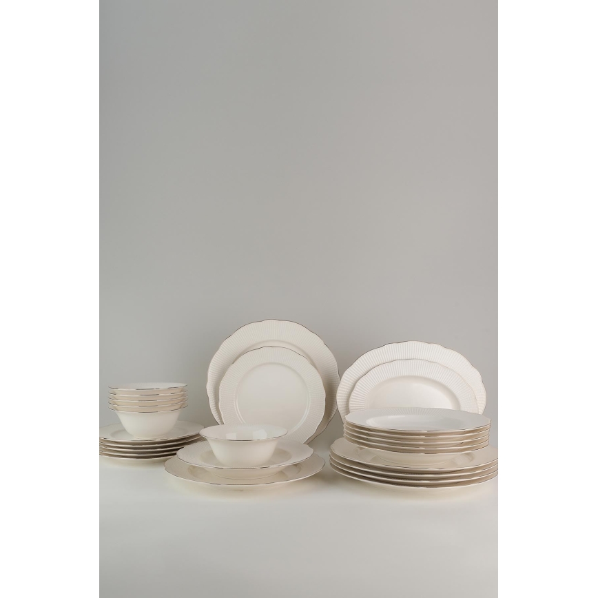 Conjunto de jantar 26 peças em porcelana branca/prateada/marfim