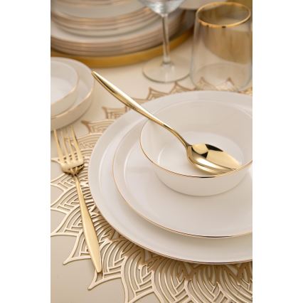 Conjunto de jantar 26 peças — porcelana branca com acabamento dourado