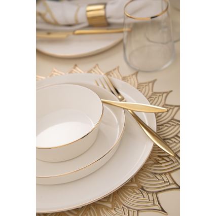 Conjunto de jantar 26 peças — porcelana branca com acabamento dourado