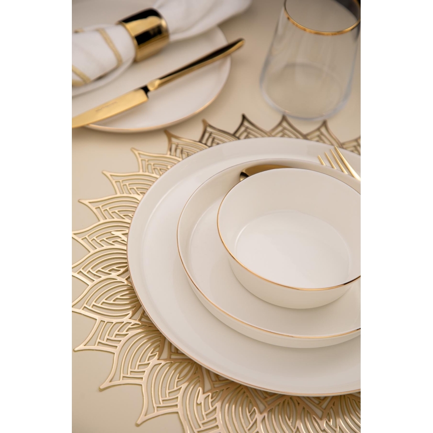 Conjunto de jantar 26 peças — porcelana branca com acabamento dourado