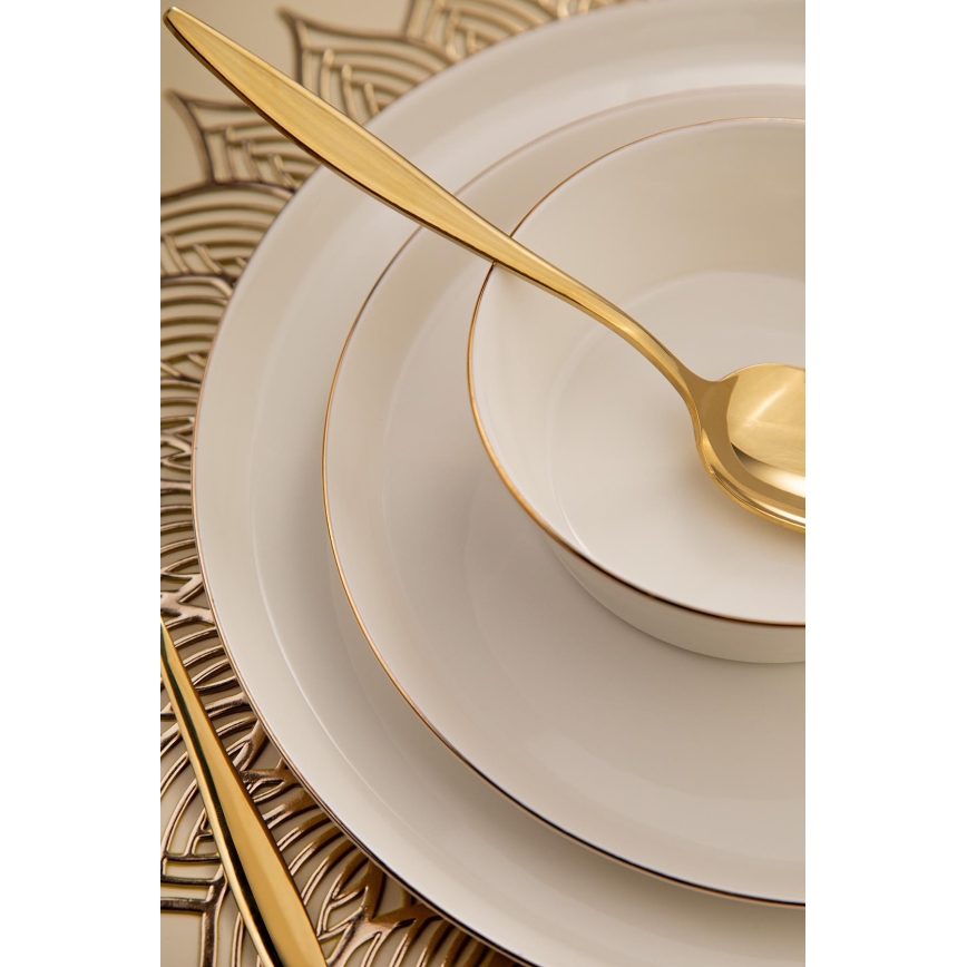 Conjunto de jantar 26 peças — porcelana branca com acabamento dourado