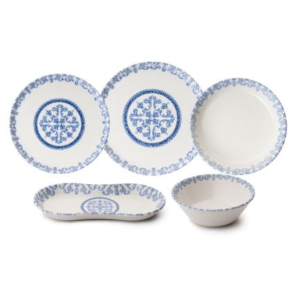 Conjunto de jantar 27 peças, branco e azul, em porcelana
