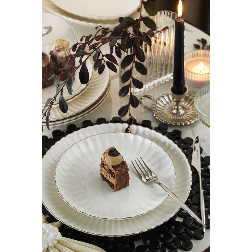 Conjunto de jantar 27 peças, branco/prateado, em porcelana