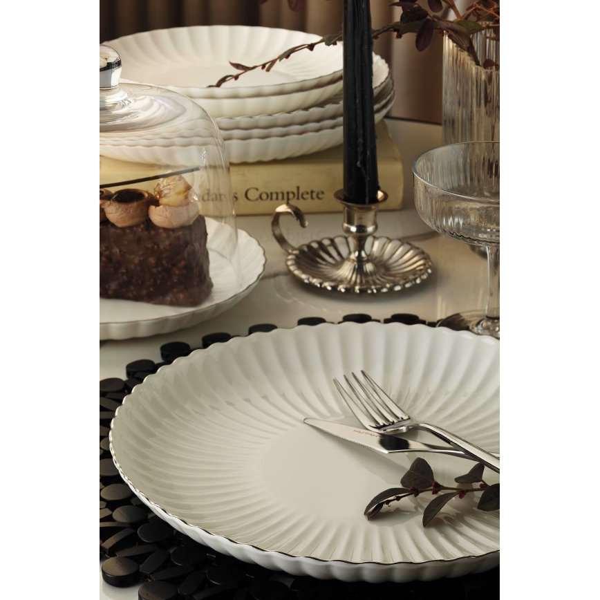 Conjunto de jantar 27 peças, branco/prateado, em porcelana