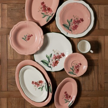 Conjunto de jantar 27 peças rosa/branco em porcelana
