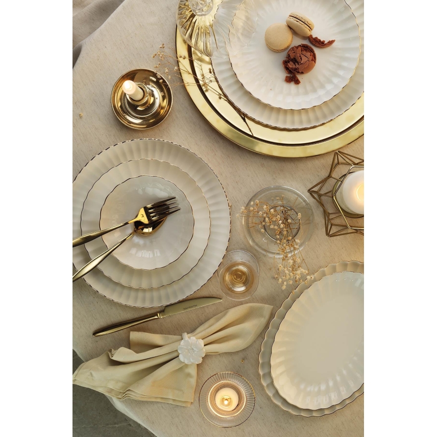 Conjunto de jantar 27 peças — porcelana branca com acabamento dourado