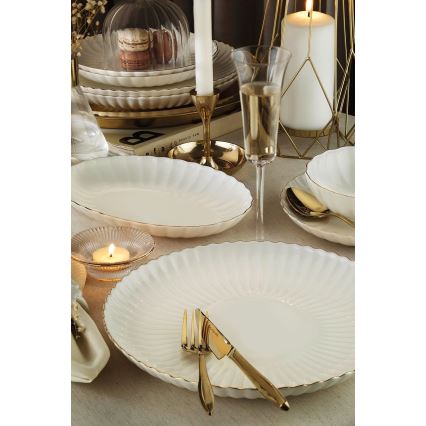 Conjunto de jantar 27 peças — porcelana branca com acabamento dourado