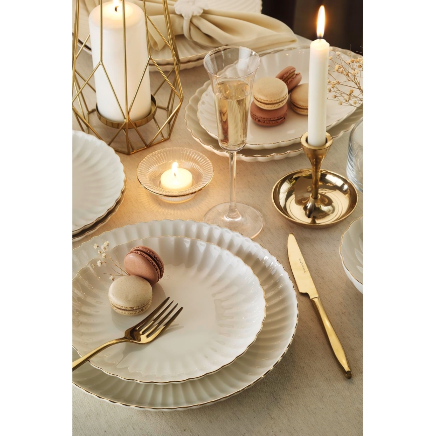 Conjunto de jantar 27 peças — porcelana branca com acabamento dourado