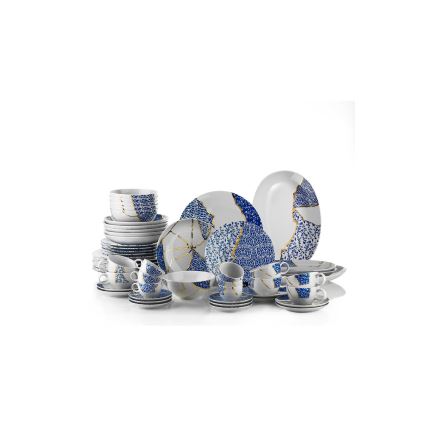 Conjunto de jantar 28 peças, em porcelana, branco/dourado/azul