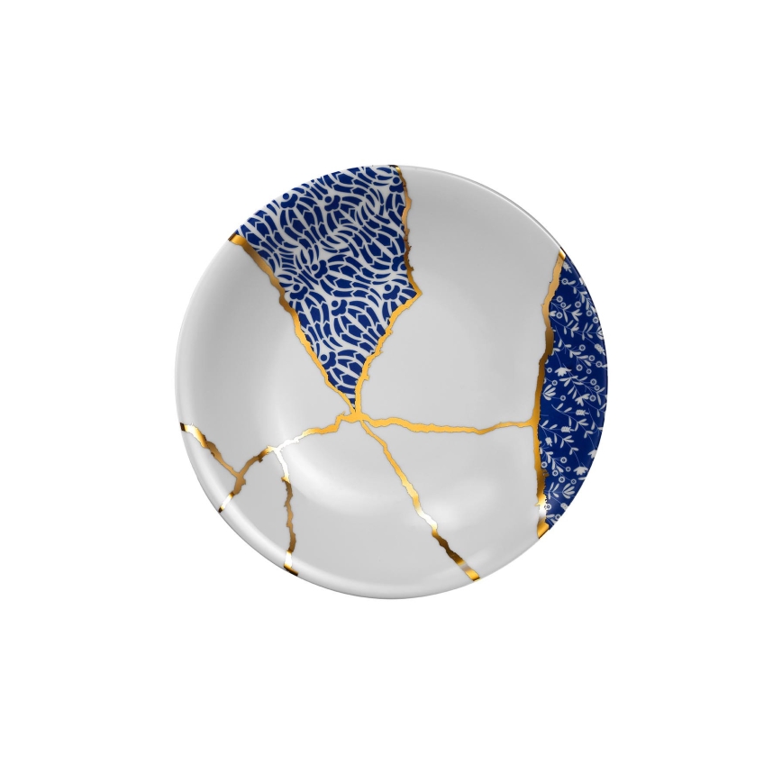 Conjunto de jantar 28 peças, em porcelana, branco/dourado/azul