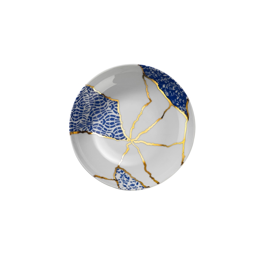 Conjunto de jantar 28 peças, em porcelana, branco/dourado/azul