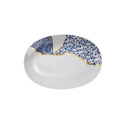 Conjunto de jantar 28 peças, em porcelana, branco/dourado/azul