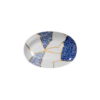 Conjunto de jantar 28 peças, em porcelana, branco/dourado/azul