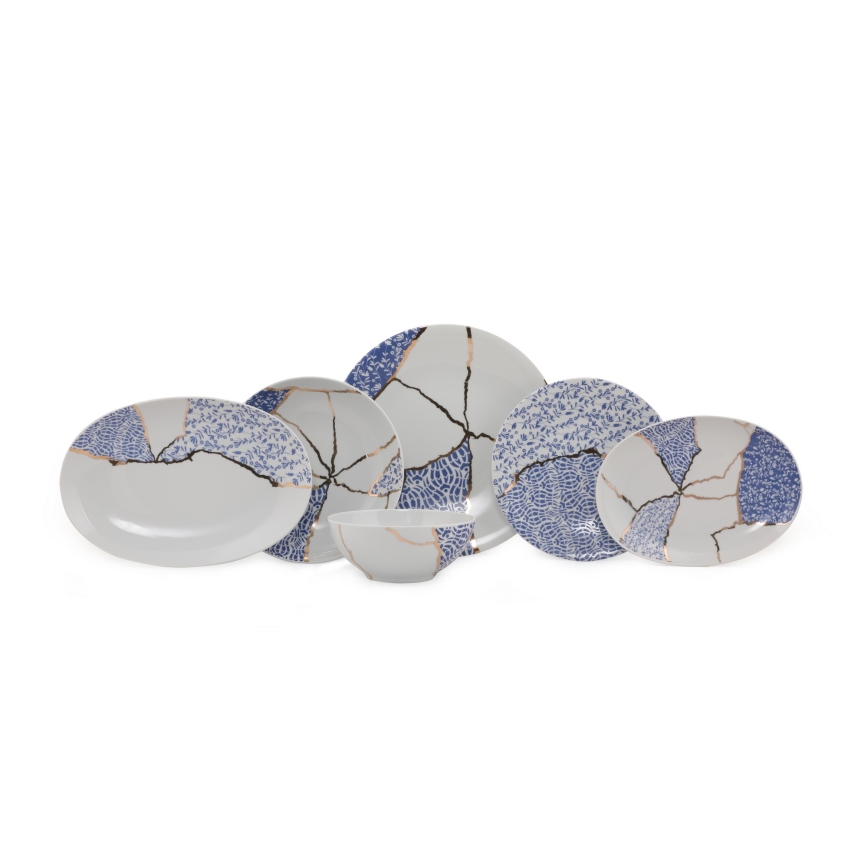 Conjunto de jantar 28 peças, em porcelana, branco/dourado/azul
