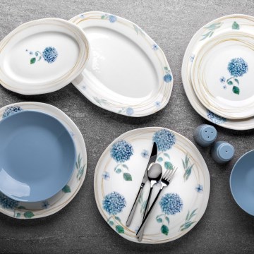 Conjunto de jantar 29 peças, branco/azul, em porcelana