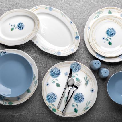 Conjunto de jantar 29 peças, branco/azul, em porcelana