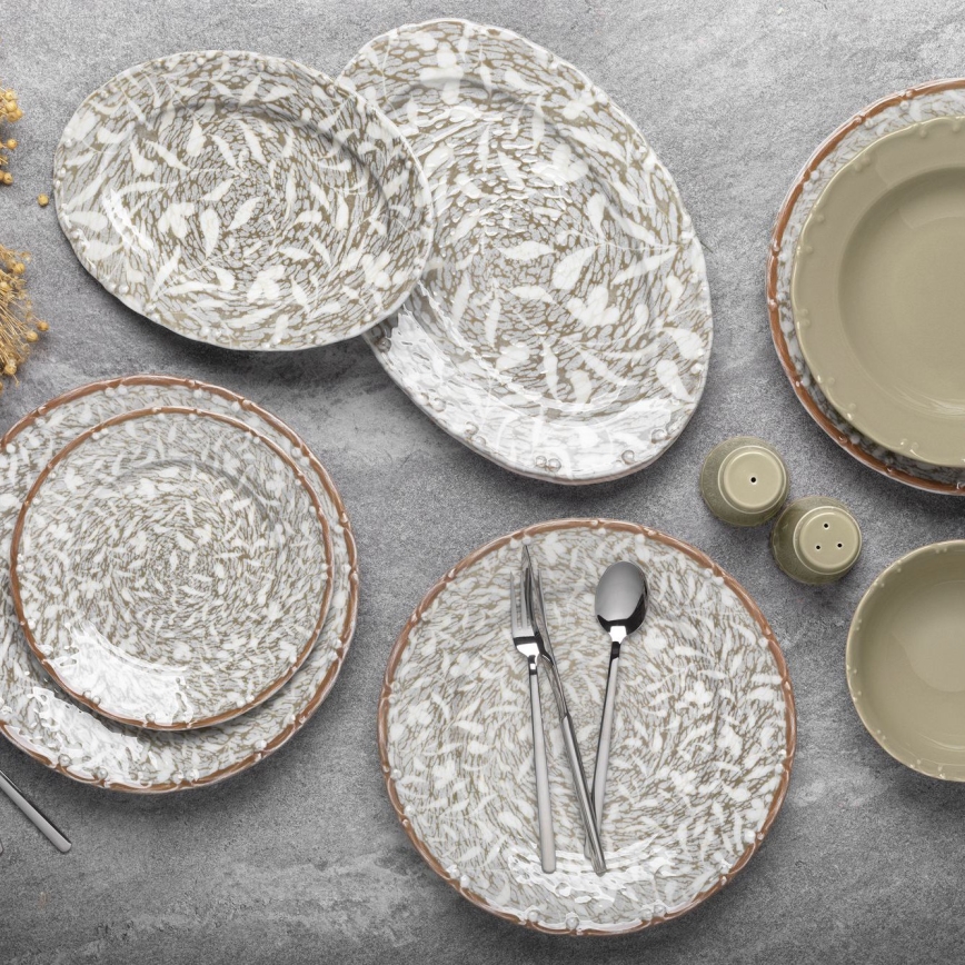 Conjunto de jantar 29 peças em porcelana, tons castanho e verde