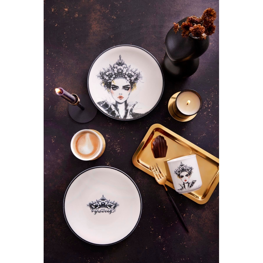 Conjunto de jantar 4 peças, preto/branco, em porcelana