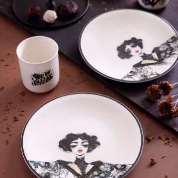 Conjunto de jantar 4 peças, preto/branco, porcelana