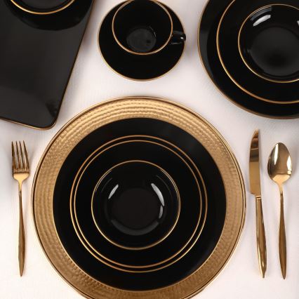 Conjunto de jantar 44 peças preto/dourado/grés