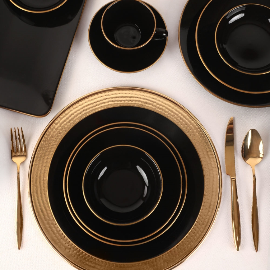Conjunto de jantar 44 peças preto/dourado/grés