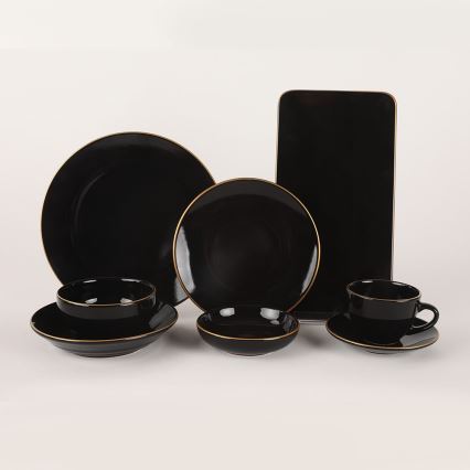 Conjunto de jantar 44 peças preto/dourado/grés