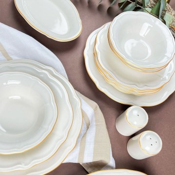 Conjunto de jantar 53 peças, porcelana branca com detalhes dourados