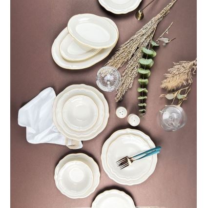 Conjunto de jantar 53 peças, porcelana branca com detalhes dourados