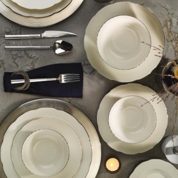Conjunto de jantar 54 peças em porcelana — branco/prateado/marfim