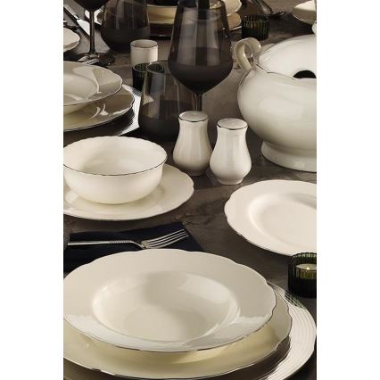 Conjunto de jantar 54 peças em porcelana — branco/prateado/marfim