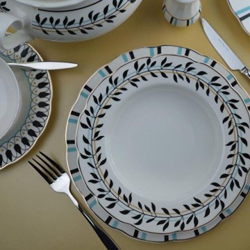 Conjunto de jantar 62 peças, porcelana, branco/azul/preto