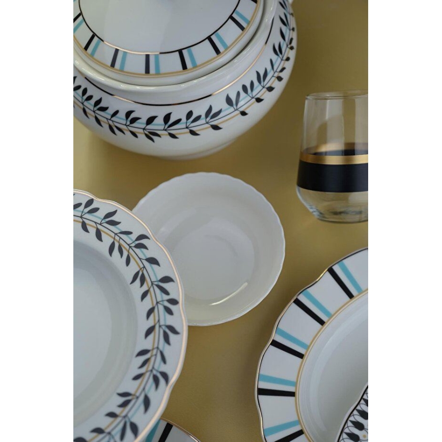 Conjunto de jantar 62 peças, porcelana, branco/azul/preto