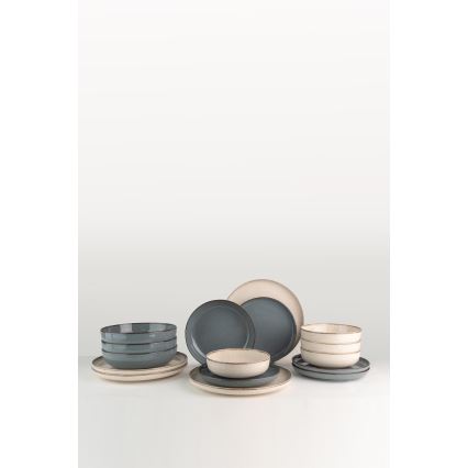 Conjunto de jantar com 16 peças em porcelana, bege e azul