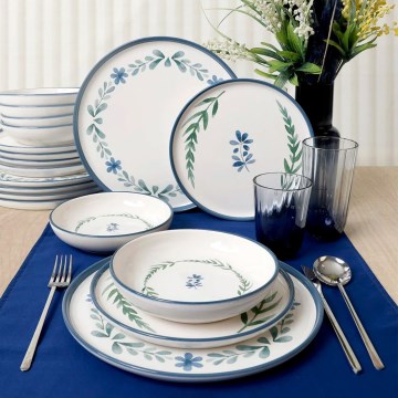 Conjunto de jantar de 18 peças em cerâmica — branco/azul/verde