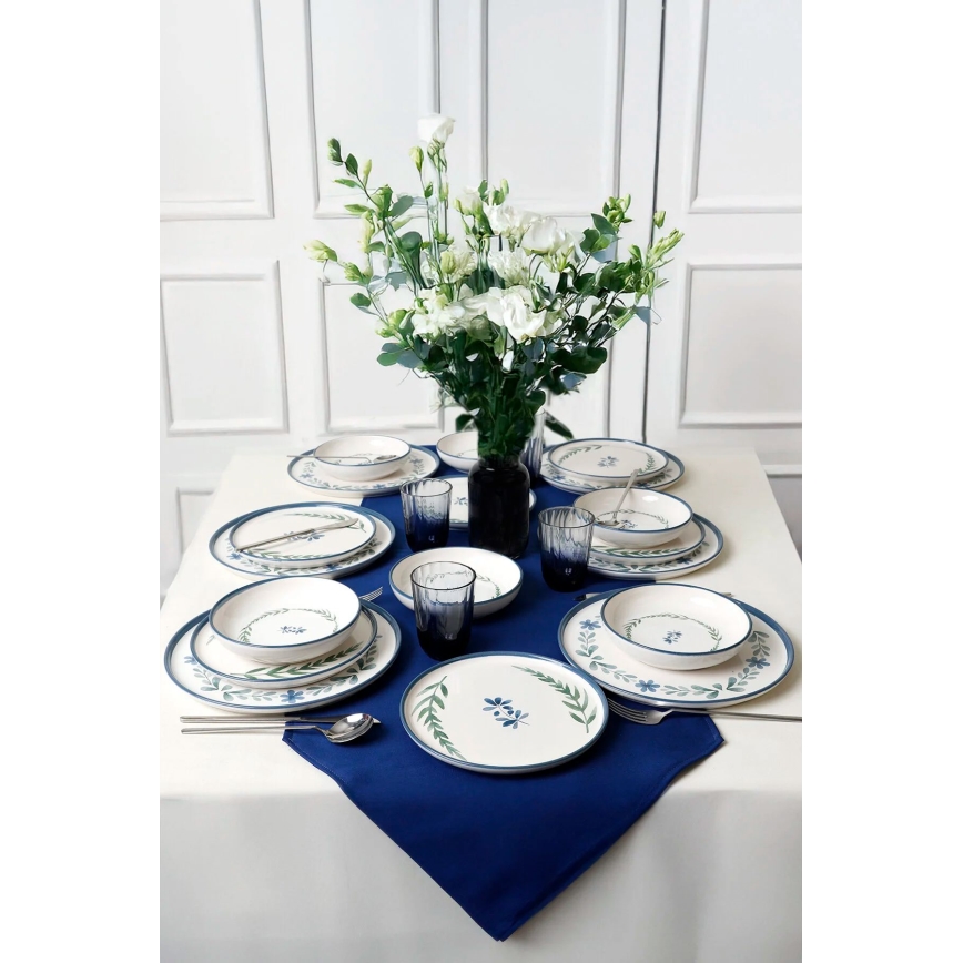 Conjunto de jantar de 18 peças em cerâmica — branco/azul/verde
