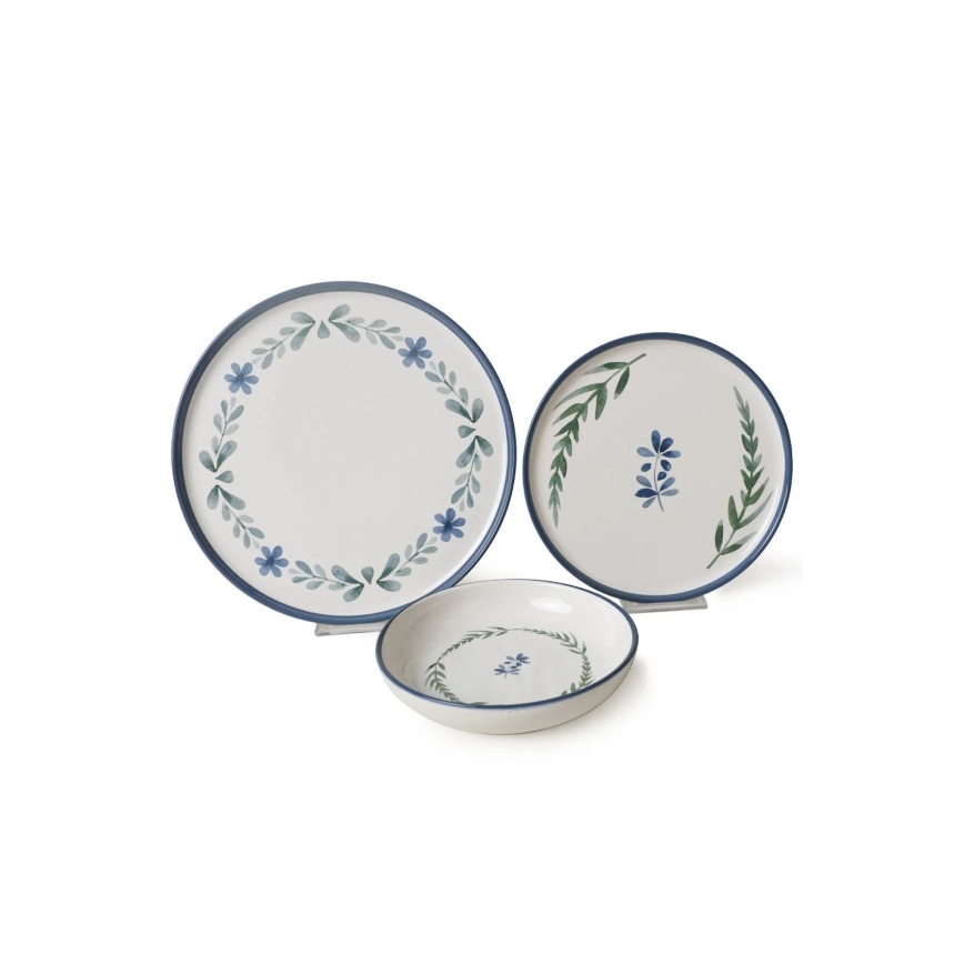 Conjunto de jantar de 18 peças em cerâmica — branco/azul/verde