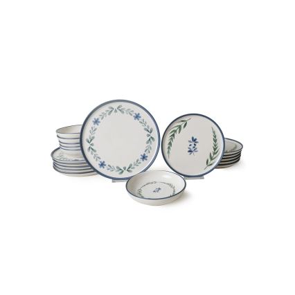 Conjunto de jantar de 18 peças em cerâmica — branco/azul/verde
