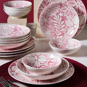 Conjunto de jantar de 18 peças em porcelana, vermelho e branco