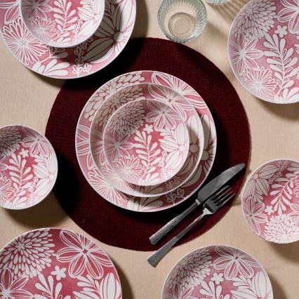 Conjunto de jantar de 18 peças em porcelana, vermelho e branco
