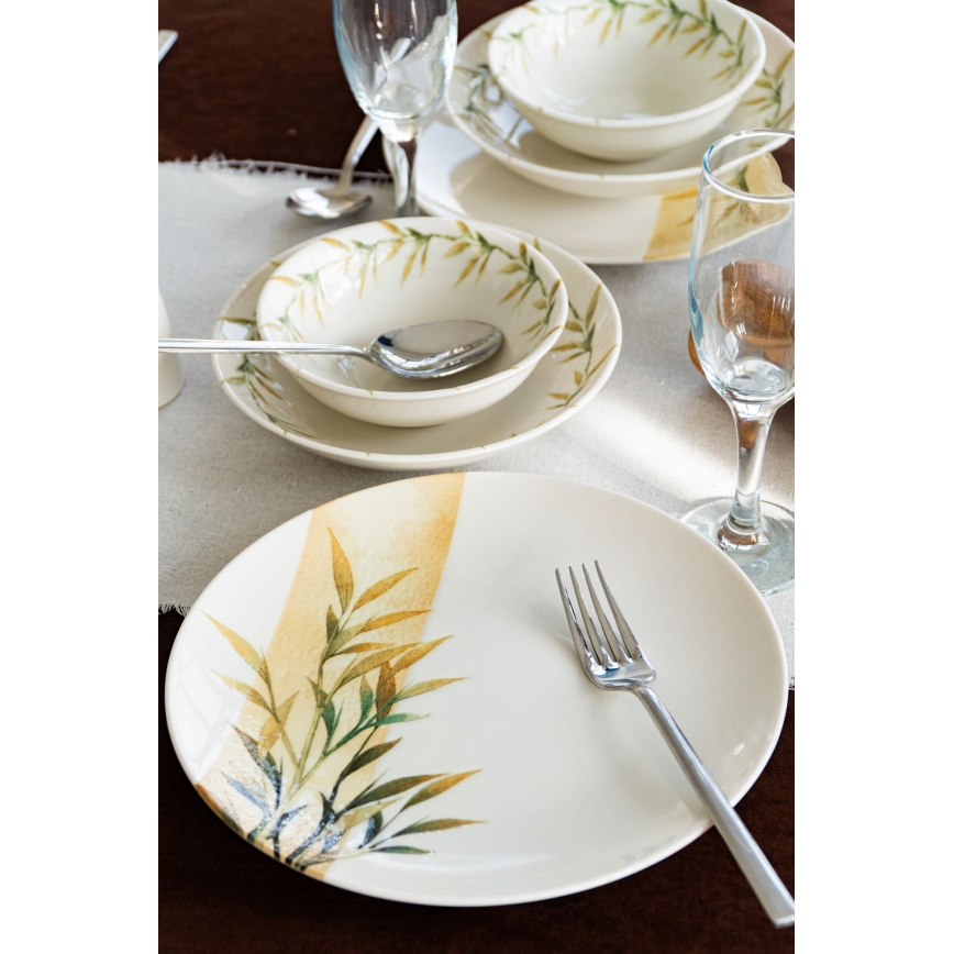 Conjunto de jantar de 18 peças em porcelana — branco, verde e amarelo