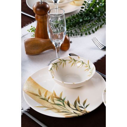 Conjunto de jantar de 18 peças em porcelana — branco, verde e amarelo