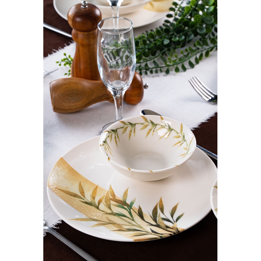Conjunto de jantar de 18 peças em porcelana — branco, verde e amarelo