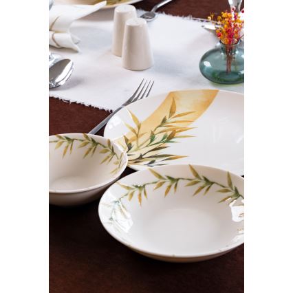 Conjunto de jantar de 18 peças em porcelana — branco, verde e amarelo