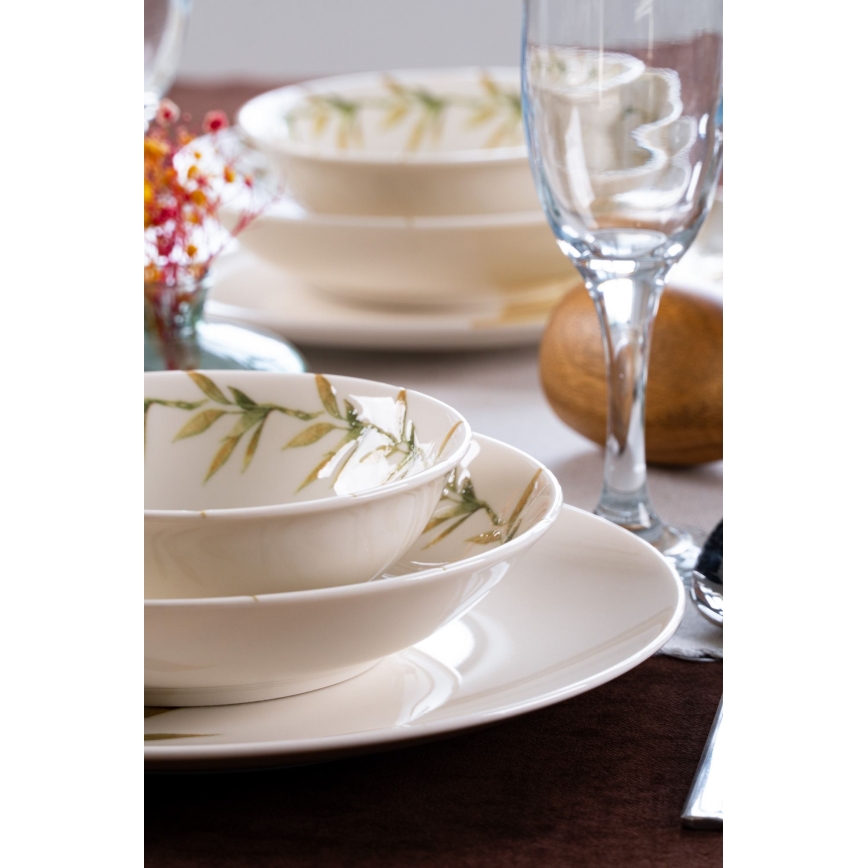 Conjunto de jantar de 18 peças em porcelana — branco, verde e amarelo