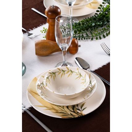 Conjunto de jantar de 18 peças em porcelana — branco, verde e amarelo