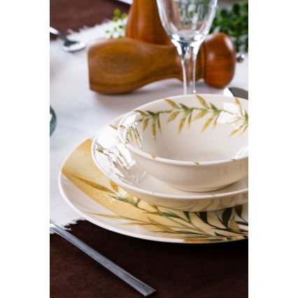 Conjunto de jantar de 18 peças em porcelana — branco, verde e amarelo