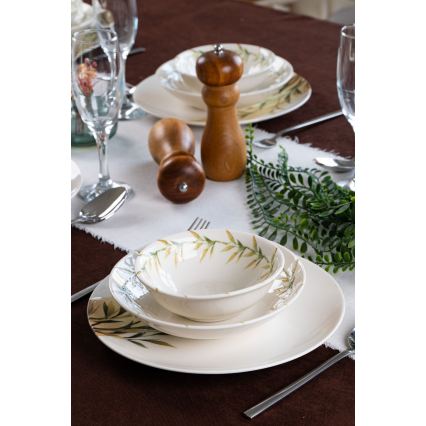 Conjunto de jantar de 18 peças em porcelana — branco, verde e amarelo