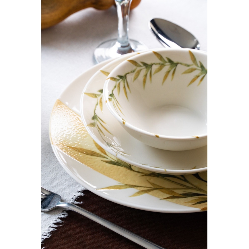 Conjunto de jantar de 18 peças em porcelana — branco, verde e amarelo