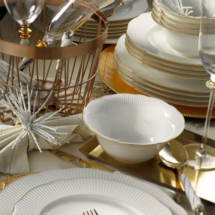 Conjunto de jantar de 24 peças, branco/dourado, em porcelana